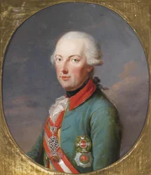 Kaiser Josef II. in der Offiziersuniform der Chevaux Legers mit dem Orden vom Goldenen Vlies in Brillanten, dem Maria-Theresienorden und dem Stephansorden